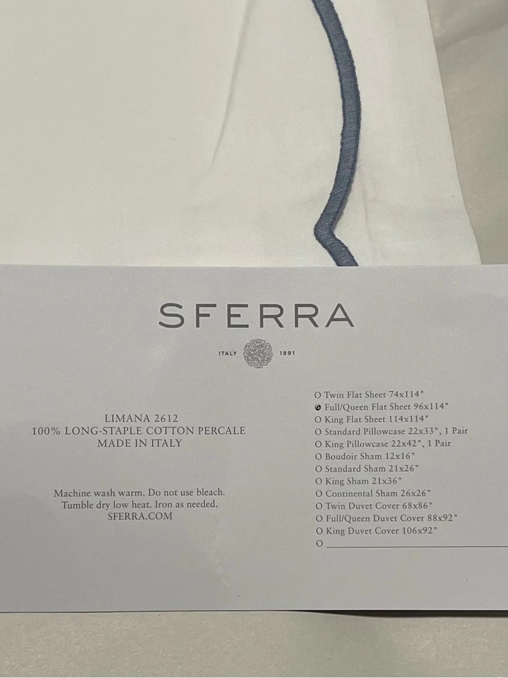 Sferra Limana Full/Queen Flat Sheet Long Staple Cotton Percale 96x114” White/Sea